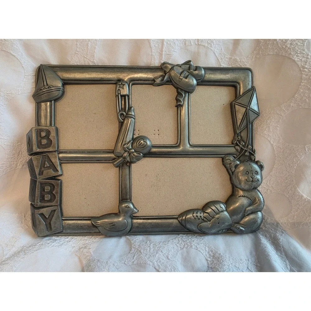 Vintage Pewter Tone Metal Baby Picture Frame 4-Opening Nursery Teddy Bear Blocks
